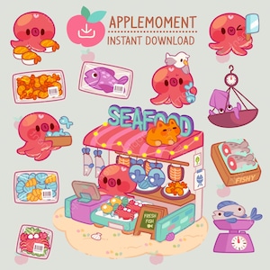 Kawaii röd bläckfisk fiskbutik clipart klistermärkesark, kommersiell PNG (digital nedladdning)