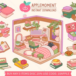 Schattig Kawaii afdrukbare digitale stickers clipart illustratie slapende Kitty Cat leesachtige slaapkamer, PNG, commercieel