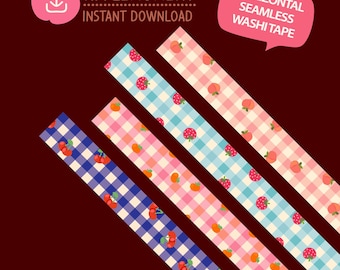 May include: Four diagonal strips of washi tape with fruit patterns. The tapes feature gingham patterns in blue, pink, and peach, adorned with cherries, strawberries, and peaches. The image includes text that says "APPLE MOMENT INSTANT DOWNLOAD" and "HORIZONTAL SEAMLESS WASHI TAPE".