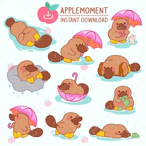 Süße Kawaii druckbare digitale Aufkleber Clipart Tiere Schnabeltier Regnerische Tage, PNG, Kommerziell