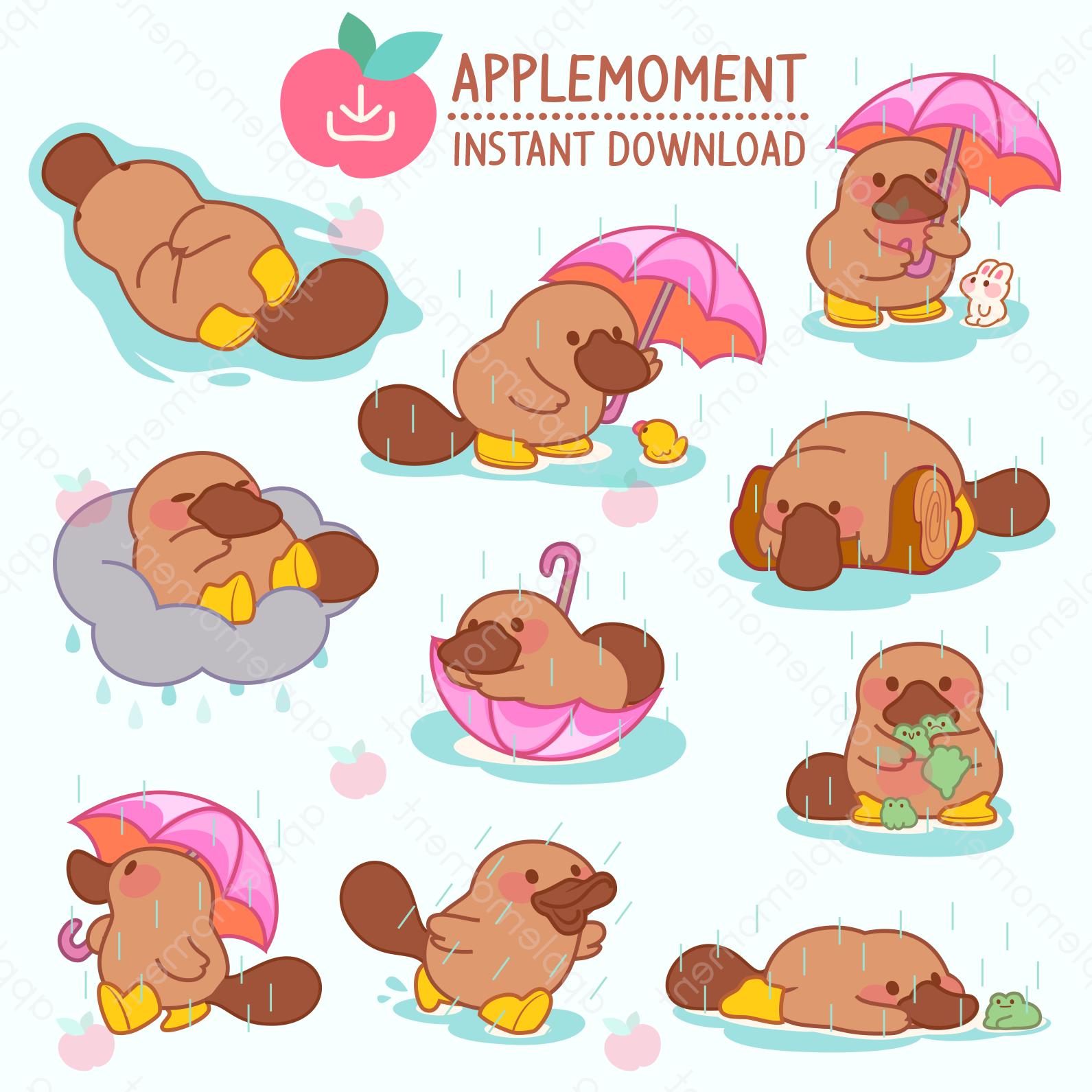 Cute Kawaii Printable Digital Stickers Clipart Animals Platypus Rainy Days, PNG, Commercial