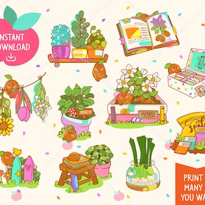 Puede incluir: Un conjunto de 10 ilustraciones imprimibles con adorables patatas de dibujos animados en varias escenas de jardinería. Las ilustraciones incluyen una planta de patata, una caja de semillas de patata, una planta de patata en maceta, una planta de patata en una caja de madera, una planta de patata con flores, una planta de patata con un pájaro, una planta de patata con un libro, una planta de patata con un taburete, una planta de patata con un tarro de agua y una planta de patata con una bolsa de semillas. Las ilustraciones son perfectas para añadir un toque de fantasía a tus proyectos de jardinería.