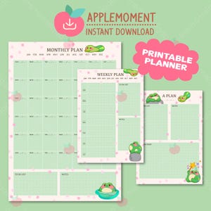 Puede incluir: Un conjunto de planificadores imprimibles con un tema de manzana verde y rosa. Los planificadores incluyen un plan mensual, un plan semanal y un plan diario. El texto incluye "Applemoment Instant Download" y "Printable Planner".