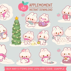 Simpatici adesivi digitali stampabili Kawaii Clipart Animali Giocano con la neve in inverno Coppia Coniglietto, PNG, Goodnotes, Commerciale