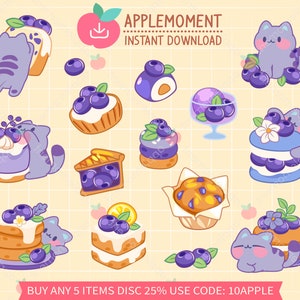 Süße Kawaii druckbare digitale Aufkleber Clipart Illustration Blaubeere Katze, PNG, kommerziell