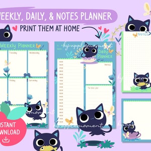 Niedliches Kawaii Briefpapier Blatt Blaue Katze Schmetterling, Zuhause, druckbarer Planer, Täglich, Wöchentlich, Notizen, Journal, Papier, Illustration, Kommerzieller Planer