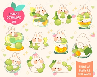 Puede incluir: Conejitos de dibujos animados lindos en varias poses, sosteniendo fruta verde y sentados en tazones de vidrio llenos de fruta verde. El fondo es amarillo claro con estrellas y corazones blancos. El texto "INSTANT DOWNLOAD" está en forma de manzana roja en la parte superior de la imagen. El texto "PRINT AS MANY AS YOU WANT" está en la parte inferior de la imagen.