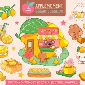 Adesivos digitais para impressão fofos Kawaii Clipart Bunny Rabbit Lemon Pie Shop, adesivos de planejador para impressão, PNG, comercial