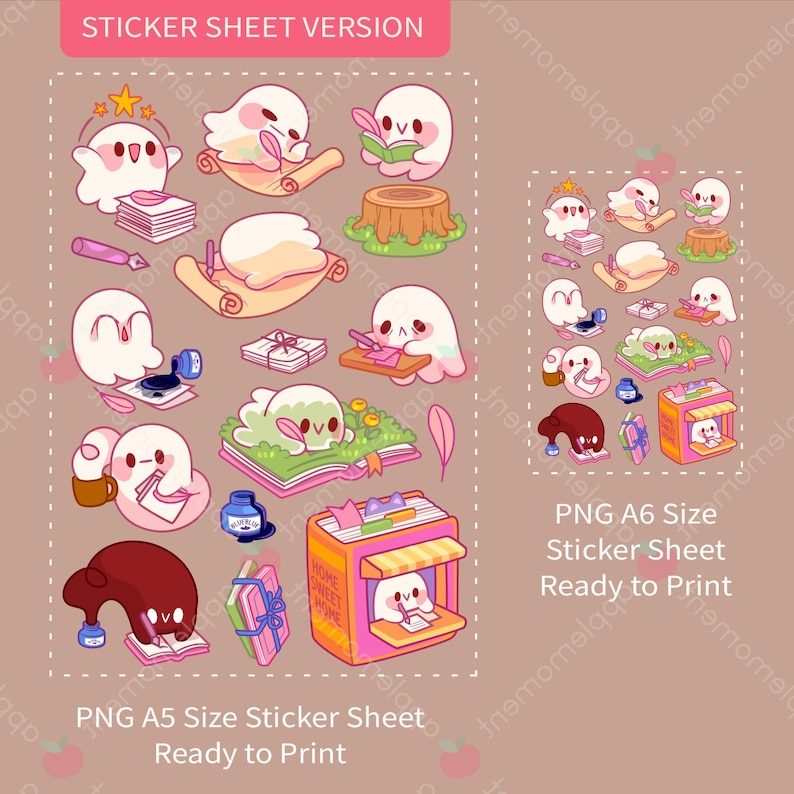 Kawaii Ghost Clipart-klistermärken, PNG-grafik (digital nedladdning) bild 3