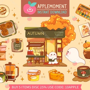 Cute Kawaii Printable Digital Stickers Clipart Autumn Fall Ghost Cafe Building, Coffee Shop, Printable Planner Stickers, PNG, Commercial