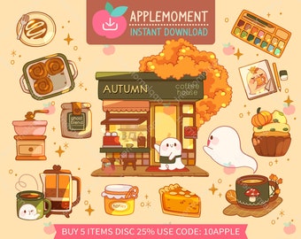 Autocollants numériques imprimables mignons Kawaii Clipart Autumn Fall Ghost Cafe Building, Coffee Shop, Autocollants planificateur imprimables, PNG, Commercial