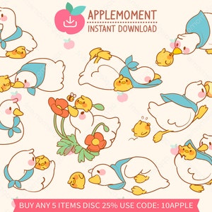 Lindo Kawaii Imprimible Digital Pegatinas Clipart Animal Pato Ganso Pollito, PNG, Goodnotes, Comercial
