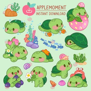 Stickers numériques imprimables kawaii mignons Clipart tortue et ses amis, PNG, commercial