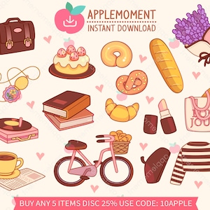 Lindo Kawaii Imprimible Digital Pegatinas Clipart Romántica Chica Francesa, PNG, Goodnotes, Comercial