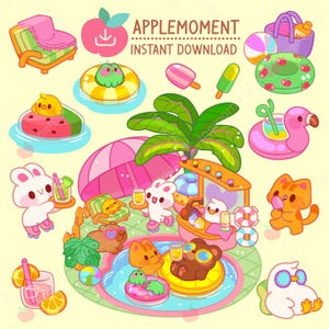 Adesivi digitali stampabili kawaii carini Clipart animali festa estiva piscina, PNG, commerciale