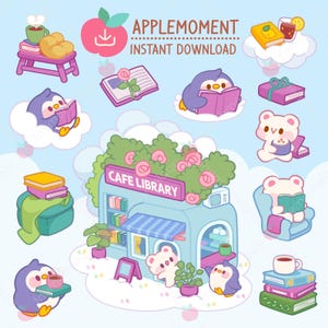May include: A digital illustration featuring a cafe library with cartoon penguins and bears reading books. The image includes the text "APPLE MOMENT INSTANT DOWNLOAD" and various books, clouds, and food items.