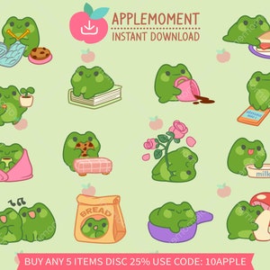 Cute Kawaii Printable Digital Stickers Clipart Illustration Frog Hygge Cozy, PNG, Commercial