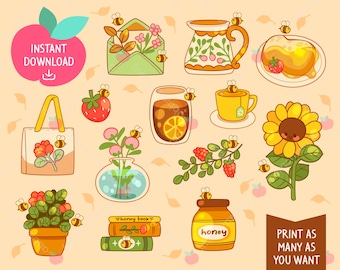 Pegatinas kawaii de abejas, planificador estilo cottagecore (descarga digital PNG)