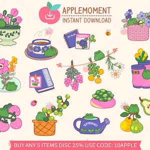 Kawaii Frog Spring Flower Clipart Stickers (PNG Digital Download)