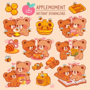 Adesivos digitais fofos para impressão Kawaii Clipart Casal de ursos de mel, PNG, Comercial