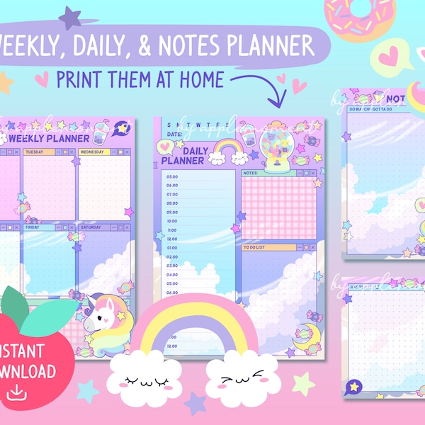 Cute Kawaii Stationery Sheet Rainbow Unicorn Candy, Home, Printable Planner, Daily, Weekly, Notes, Journal, Paper, Illustration, Commercial