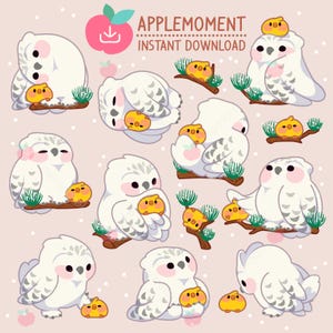 Stickers numériques imprimables kawaii mignons Clipart hiver animal harfang des neiges et poussin, PNG, commercial