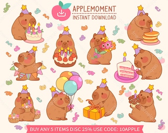 Cute Kawaii Printable Digital Stickers Clipart Cappy Birthday, Orange Giant Cavy Rodent Capybara Birthday Party, PNG, Goodnotes, Commercial