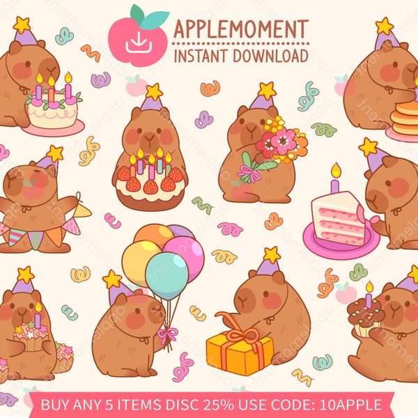 Cute Kawaii Printable Digital Stickers Clipart Cappy Birthday, Orange Giant Cavy Rodent Capybara Birthday Party, PNG, Goodnotes, Commercial