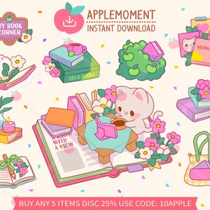 Stickers numériques imprimables kawaii mignons, cliparts, illustration de BookishKitty cat, livres et thé, PNG, commercial