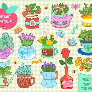 Lindas plantas y flores de imágenes prediseñadas digitales Kawaii en artículos de cocina para el desayuno, pegatinas imprimibles del planificador, comercial