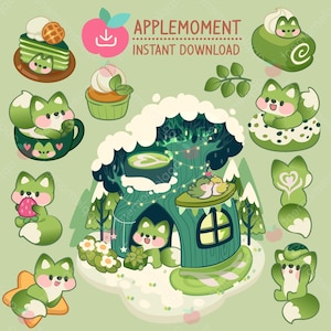 Stickers numériques imprimables Kawaii mignon forêt renard matcha, PNG, commercial