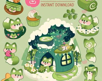 Puede incluir: Un conjunto de pegatinas digitales con adorables zorros verdes, una casa en el árbol y varias golosinas con sabor a matcha. Las pegatinas son perfectas para añadir un toque de fantasía a tus proyectos digitales.