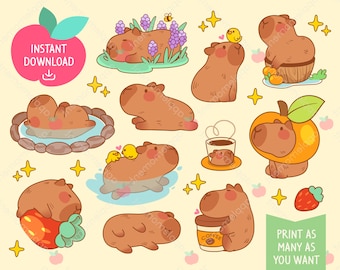 Cute Kawaii Printable Digital Stickers Clipart Orange Giant Cavy Rodent Capybara, Coffee Cafe, Printable Planner Stickers, PNG, Commercial