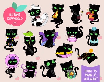 Cute Kawaii Sticker Sheet Pet Black Cat, Kitty Animal, Printable Planner Stickers, Cricut and Silhouette, Commercial