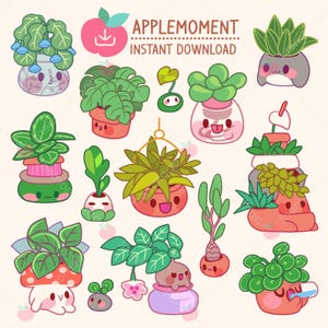 Cute Kawaii Printable Digital Stickers Nature Clipart Daily Life of a Plant, PNG, Commercial