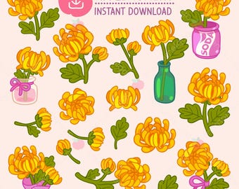 Kawaii Chrysanthemen-Clipart-Sticker, kommerzielle PNG-Datei (digitaler Download)