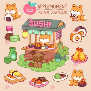 Simpatici adesivi digitali stampabili Kawaii Clipart Animali Volpe e procione Sushi Kiosk Stall, PNG, Commerciale