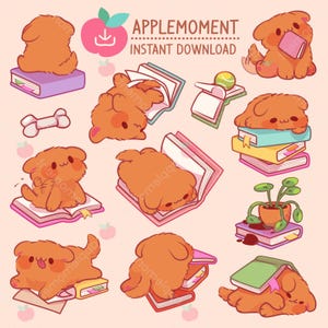Adesivos digitais fofos para impressão Kawaii Clipart Filhote de cachorro e livros, PNG, Comercial