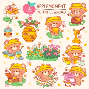 Süßer Kawaii druckbare digitale Aufkleber Clipart Honigbär-Imker mit einer Haustierbiene, PNG, kommerzielle