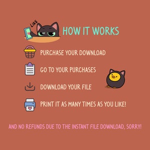 May include: An illustrated guide on a terracotta background. The text reads "HOW IT WORKS" with steps: purchase, go to purchases, download, and print. Includes cartoon cat and chick characters. Text: "AND NO REFUNDS DUE TO THE INSTANT FILE DOWNLOAD, SORRY!"