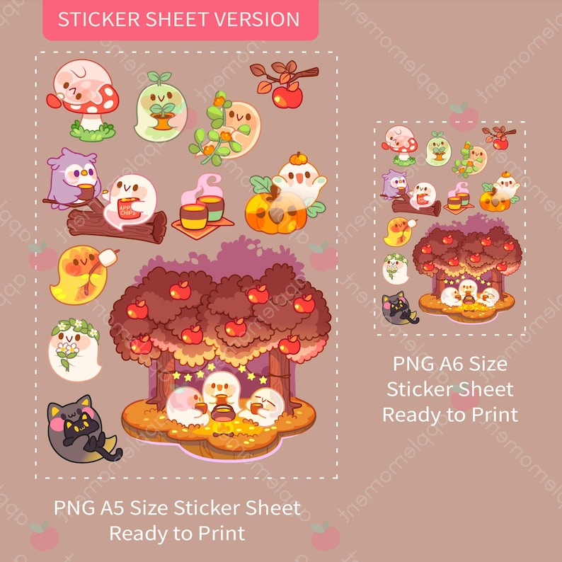 May include: A sticker sheet with various cartoon characters, including ghosts, mushrooms, and a black cat. The stickers are in a whimsical style, with a warm color palette. Text on the sheet reads "STICKER SHEET VERSION" and "PNG A5 Size Sticker Sheet Ready to Print".