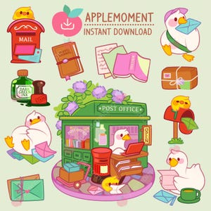 May include: A collection of whimsical illustrations featuring a post office, mailboxes, ducks, and stationery. The image includes a red mailbox with a yellow chick on top, a green ink bottle, and a travel journal. Text includes "APPLEMOMENT" and "INSTANT DOWNLOAD".