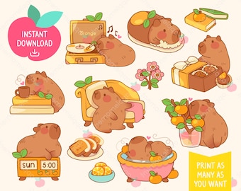Cute Kawaii Printable Digital Stickers Clipart Orange Giant Cavy Rodent Capybara, Daily Life, Printable Planner Stickers, PNG, Commercial