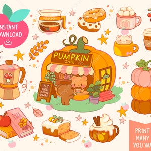 Süße Kawaii druckbare digitale Aufkleber Clipart Kürbis Bär Cafe, Kaffee und Kuchen, druckbare Planeraufkleber, PNG, kommerziell