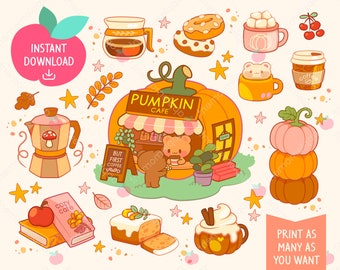 Cute Kawaii Printable Digital Stickers Clipart Pumpkin Bear Cafe, Coffee and Cake, Printable Planner Stickers, PNG, Commercial