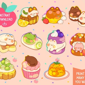 Cat Dessert Sticker Cute Kawaii Printable Digital Clipart Rainbow Pudding Cake Cat, Printable Planner Stickers, PNG, Commercial