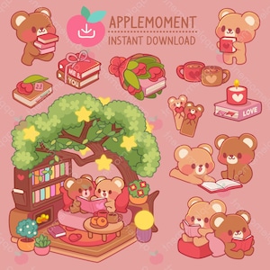 Peut inclure: Une illustration numérique sur fond rose avec une maison dans les arbres, une bibliothèque et plusieurs ours lisant des livres. Le texte "APPLEMOMENT INSTANT DOWNLOAD" est en haut de l'image.