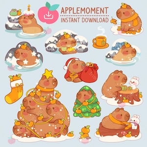 Puede incluir: Un conjunto de 10 imágenes de clipart digital que presentan adorables capibaras de dibujos animados en varias escenas con temática invernal. Los capibaras llevan sombreros, bufandas y suéteres, y disfrutan de actividades como relajarse en aguas termales, comer naranjas y decorar un árbol de Navidad. Las imágenes son perfectas para agregar un toque de fantasía a tus proyectos digitales.