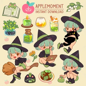Süße Kawaii druckbare digitale Aufkleber Clipart süße Witchy Matcha Mädchen, PNG, kommerziell