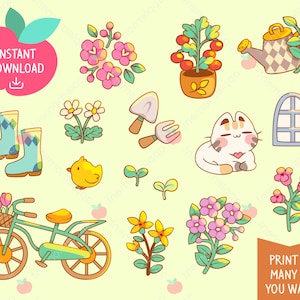 Kawaii Garden Clipart Stickers: Rainbow Spring Flowers (PNG Digital Download)